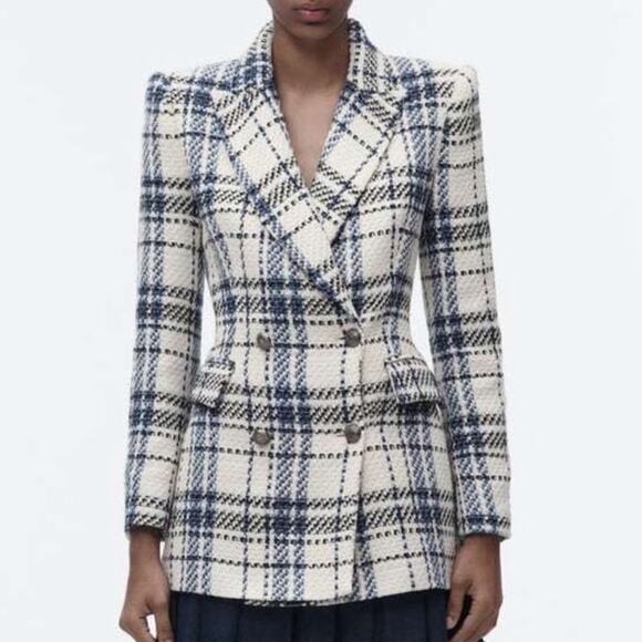 NWT Zara Blogger Blue White Double Breasted Textured Blazer Jacket. - Picture 1 of 13